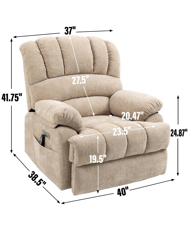 Flynama Seat Width and High Back Large Size Beige Chenille Power Lift Recliner Chair with 8-Point Vibration Massage and Lumbar Heating