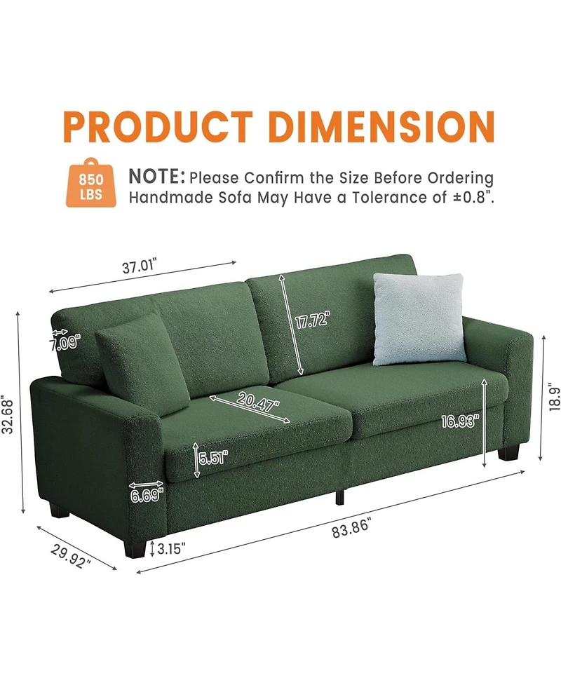 gaomon 83" Couch for Living Room, Comfy Sofa with Deep Seat, Modern Sofa with Wide Armrest, Removeable Cover, Teddy Fleece 3 Seater Couch