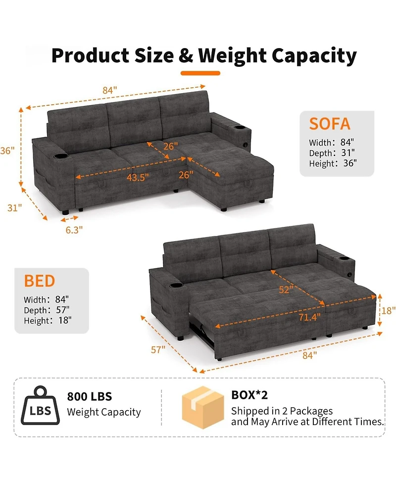 gaomon Couches for Living Room Shaped Sectional Sleeper Sofa with Pull Out Bed, Comfy Sofa Bed with Charging Ports and Storage Armrests