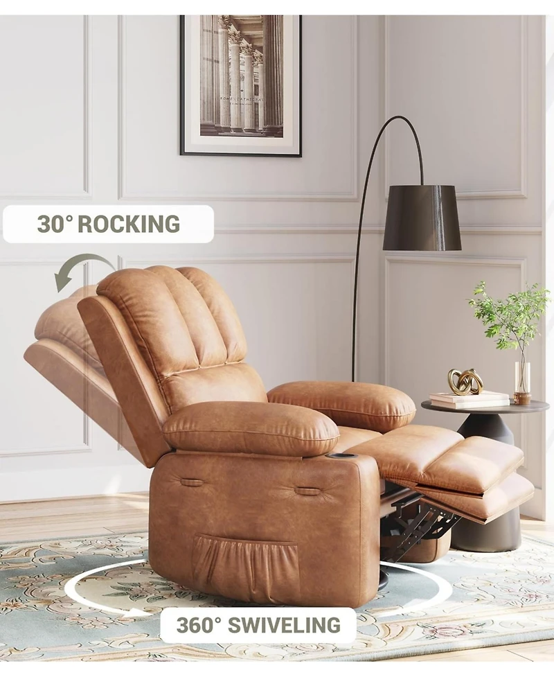 gaomon 22" Rocker Recliner Chair, Lazy Boy Recliner Chair with 1.5X Sponge Filling, Pu Leather Swivel Recliner with Side Pockets and Cup Holders