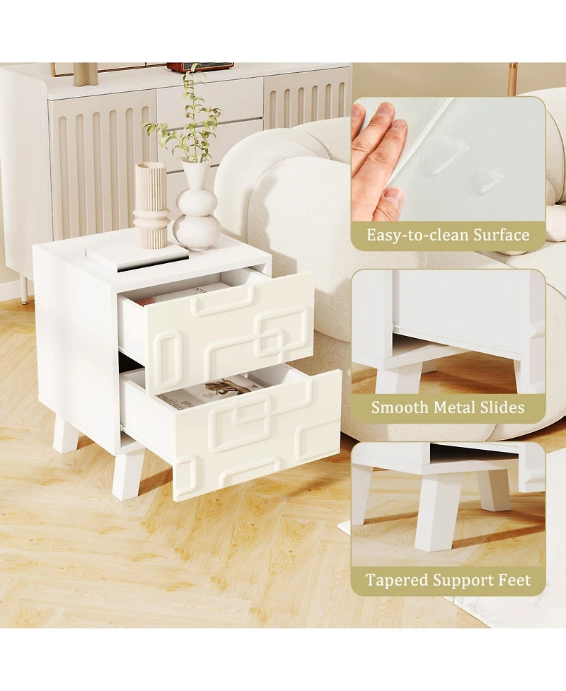 Sugift Modern Nightstand Side Table with Drawers and 3D Geometric Patterns