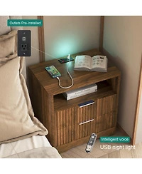 Rainsken 2-Drawer Bedside Nightstand with Built-in Charging Station, Led Night Light and Open Storage Shelf for Bedroom and Living Room