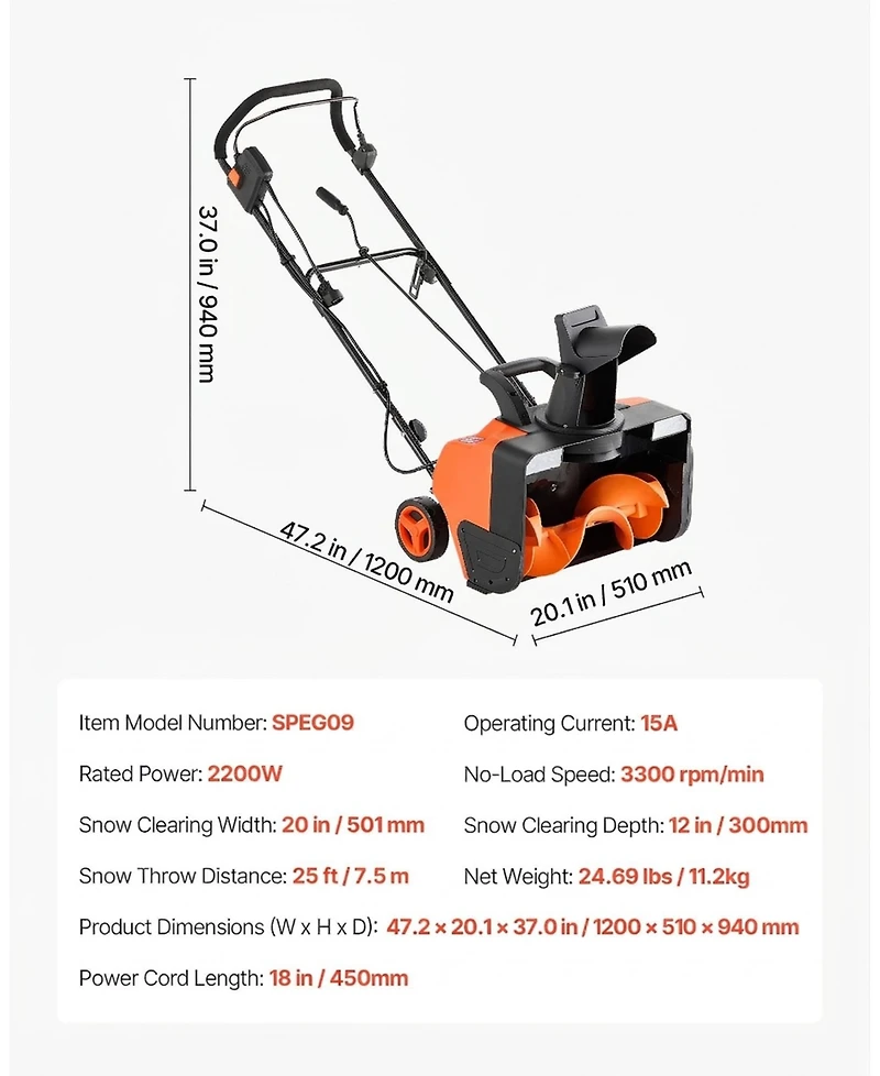 Sugift Electric Snow Blower, 20 inch, 15A Corded Snow Thrower with Led Headlights