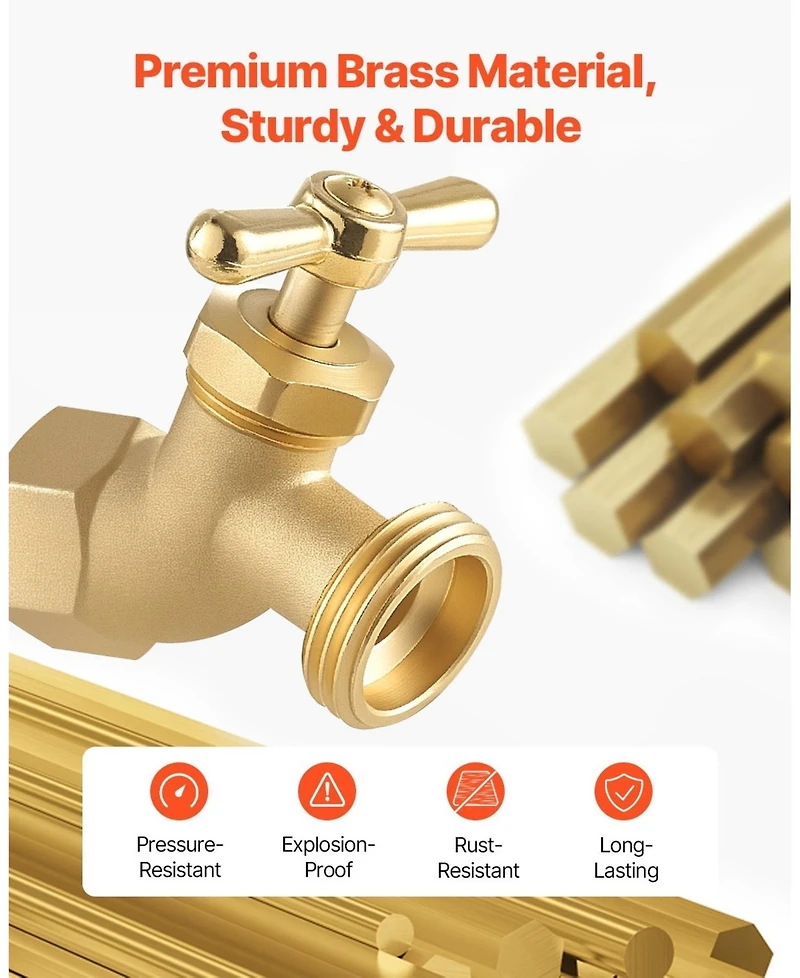 Sugift Hose Bibb, Brass Outdoor Water Faucet, Multi-Turn Garden Valve, 1/2" Fip x 3/4" Mht