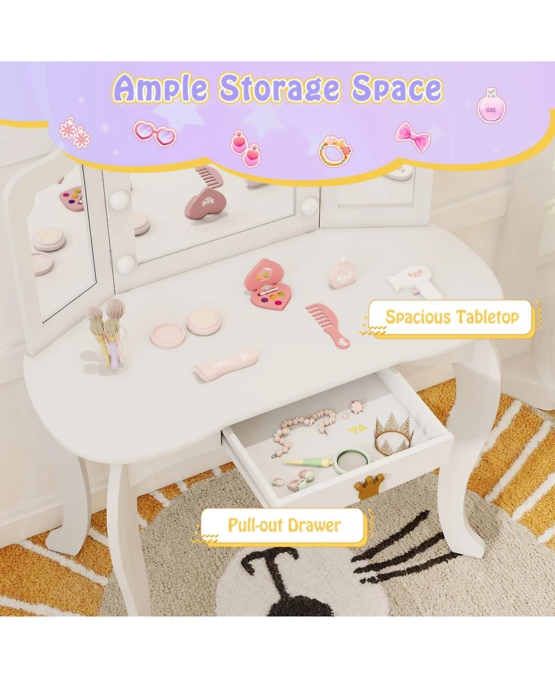 Sugift Kids Vanity Set with Tri-fold Lighted Mirror Detachable Top and Stool