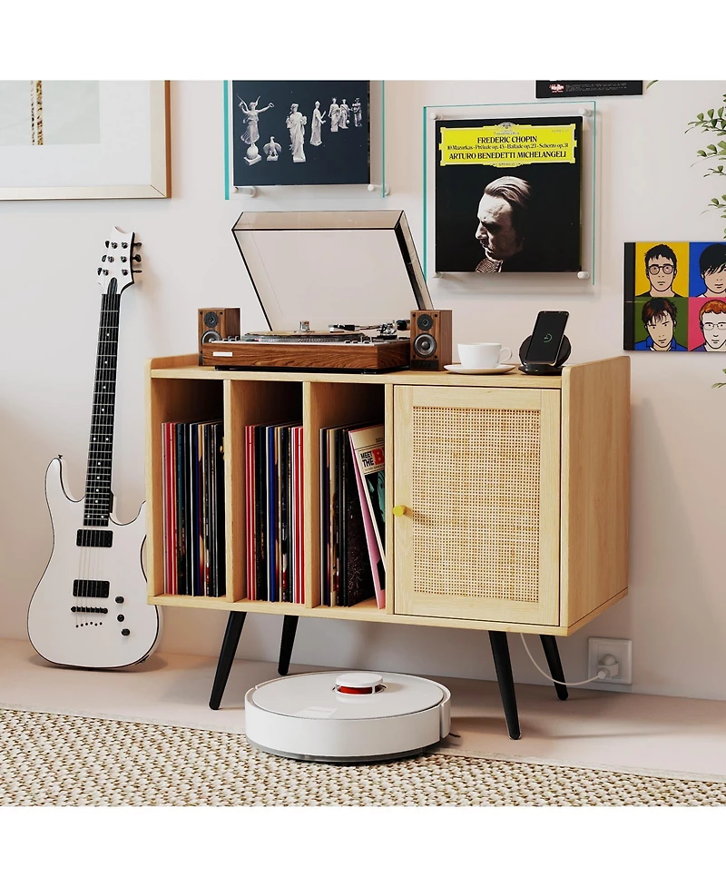 Sugift Record Player Stand with Charging Station and Rattan Cabinet for Living Room