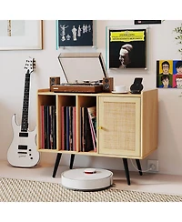 Sugift Record Player Stand with Charging Station and Rattan Cabinet for Living Room