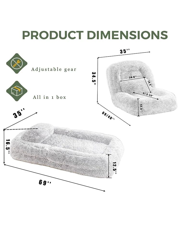 Rainsken Luxurious Plush Human Dog Bed, Foldable 5-Position Lounger Sofa, Comfortable Floor Chair with Pillow for Bedroom and Living Room