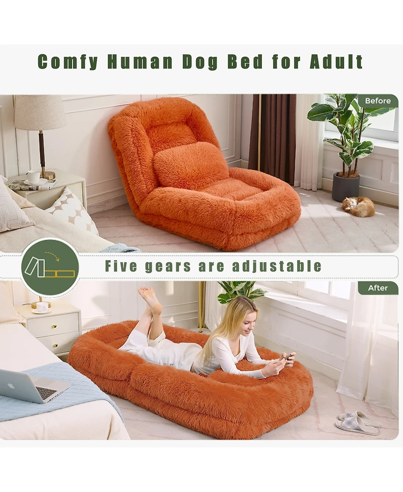 Rainsken Luxurious Plush Human Dog Bed, Foldable 5-Position Lounger Sofa, Comfortable Floor Chair with Pillow for Bedroom and Living Room