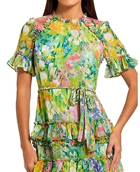 Mac Duggal Petite Green Ruffle Tiered Chiffon Floral Dress