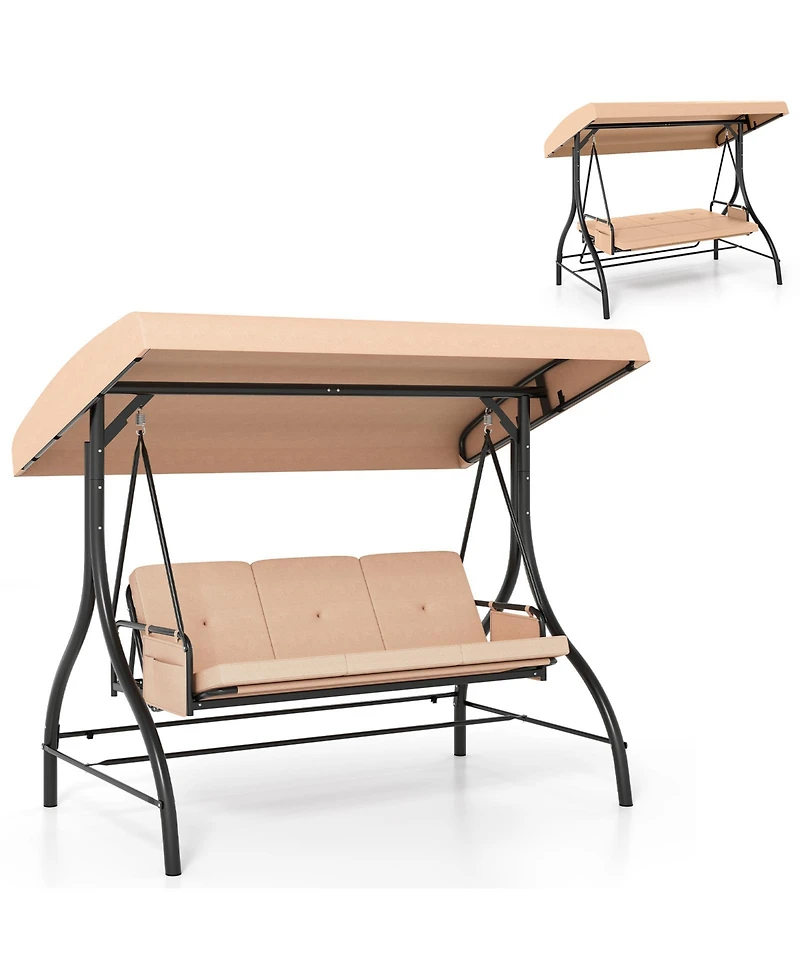 Slickblue 3-Piece Patio Swing with Canopy Removable Cushions and Side Pockets