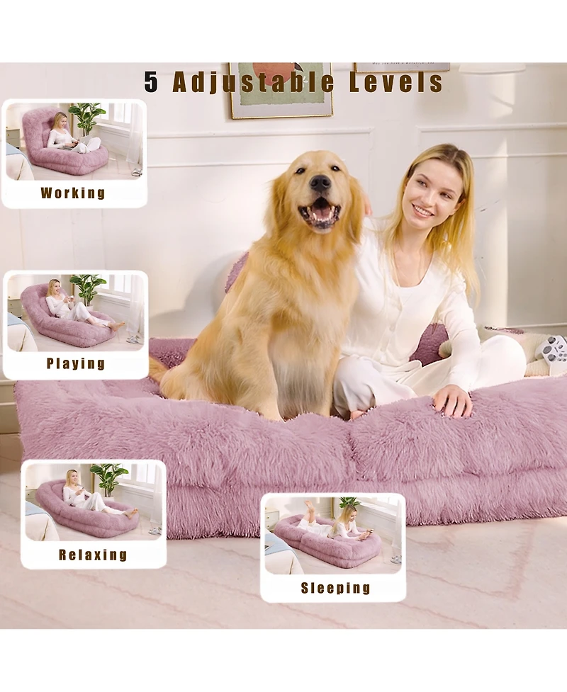 Rainsken Soft Plush Fabric Human Dog Bed, 5-Gear Adjustable Foldable Lounger, Comfy Floor Sofa Bed with Pillow for Home Use
