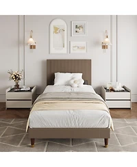 homfan upholstered platform bed with headboard, modern low profile design, sturdy metal frame, wood slats, noise free, no box spring