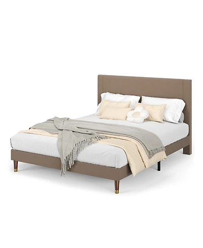 homfan upholstered platform bed with headboard, modern low profile design, sturdy metal frame, wood slats, noise free, no box spring