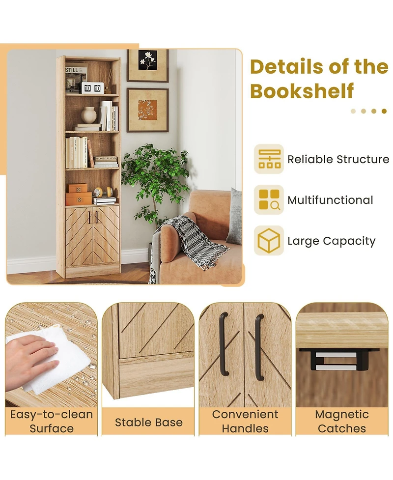 Gouun 6-Tier Tall Bookshelf with Double Doors and 4 Open Cubes