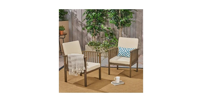 Flynama Outdoor Acacia Wood Conversation Set 2 Club Chairs with Foldable End Table Grey Finish Cream Cushion for Garden Patio Deck