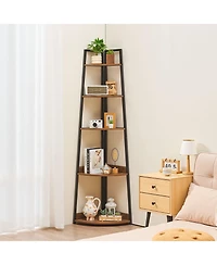 Gouun 5-Tier Corner Shelf, Corner Bookshelf with Metal Frame and Wooden Shelves