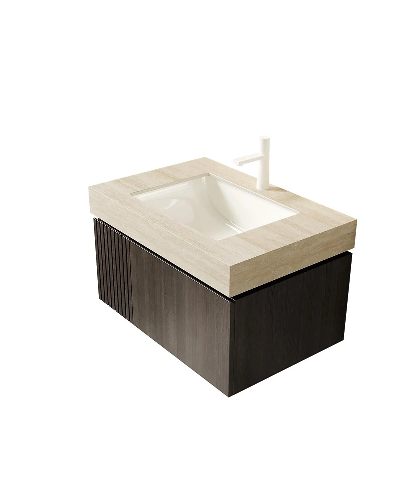 Sillysis Floating Bathroom Vanity with Roma Travertine Sintered Stone Top, Ceramic Sink, Soft Close Storage
