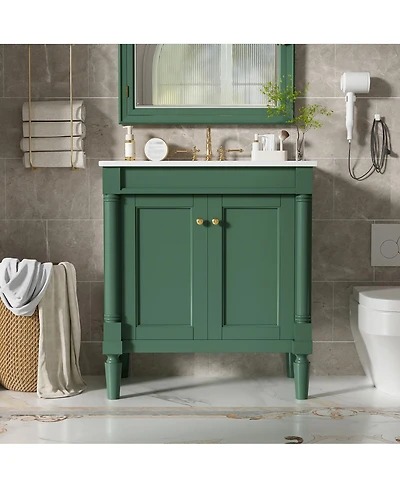 Sillysis Bathroom Vanity with Ceramic Sink, Modern White Freestanding Cabinet, Soft Closing Doors and Adjustable Shelf for Small Spaces-Sillysis