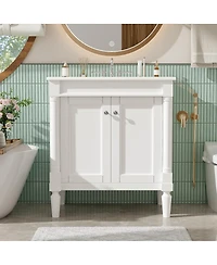 Sillysis Bathroom Vanity with Ceramic Sink, Modern White Freestanding Cabinet, Soft Closing Doors and Adjustable Shelf for Small Spaces-Sillysis