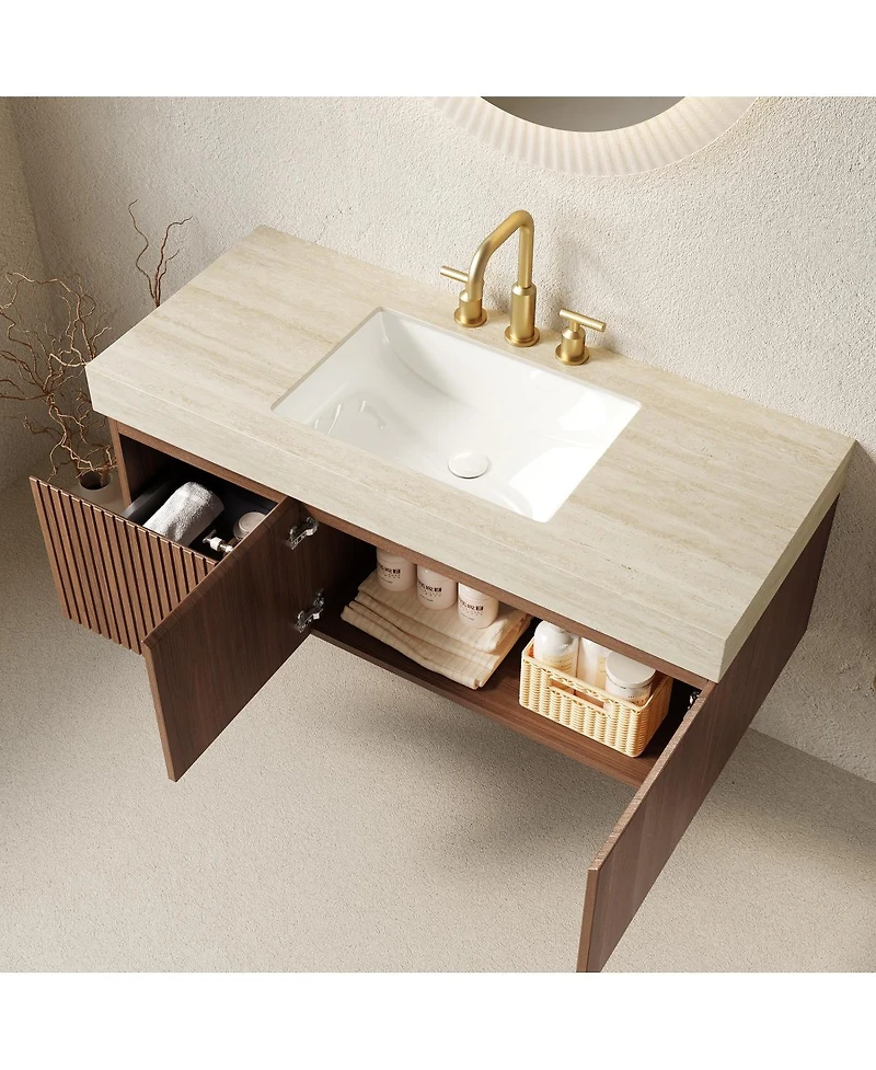 Sillysis Floating Bathroom Vanity with Sintered Stone Top, 3-Hole Undermount Ceramic Sink, Soft Close Storage, Pre-Assembled