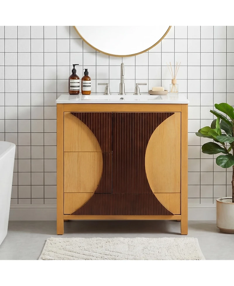Busdays Mid Century Modern Bathroom Vanity with Sink Freestanding Wood Cabinet 3 Drawers Soft Close Door Two Tone Fluted Panel Design