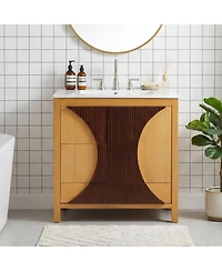 Busdays Mid Century Modern Bathroom Vanity with Sink Freestanding Wood Cabinet 3 Drawers Soft Close Door Two Tone Fluted Panel Design