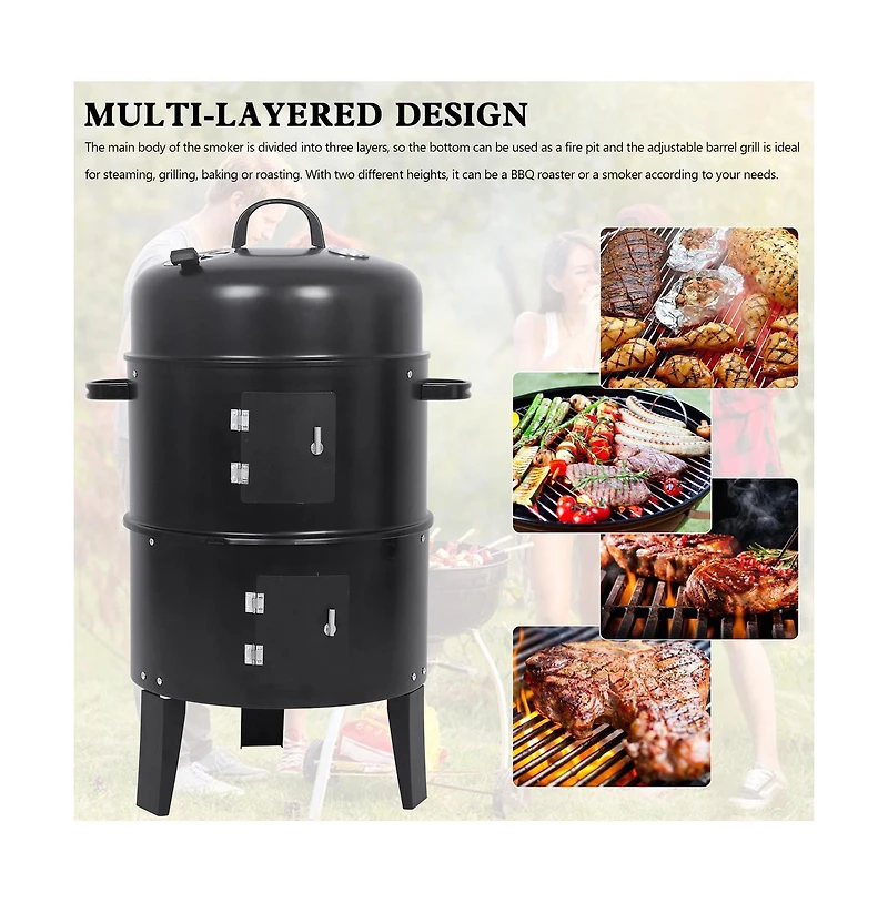 Artudatech Detachable Vertical Charcoal Smoker - Portable Bbq Grill with Thermometer and Adjustable Air Vent