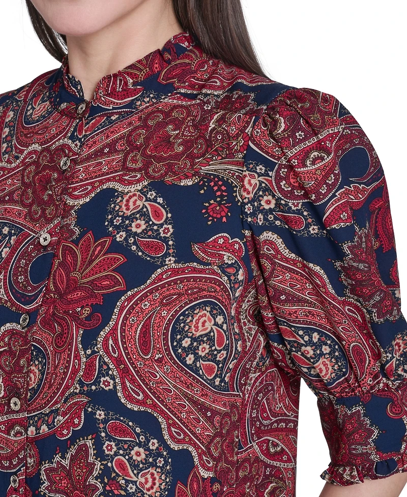 Tommy Hilfiger Women's Paisley Print Ruffle Neck Button Up Blouse