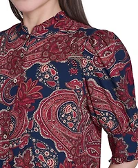 Tommy Hilfiger Women's Paisley Print Ruffle Neck Button Up Blouse