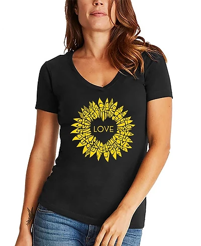 La Pop Art Women's Sunflower Love Word V-Neck T-shirt