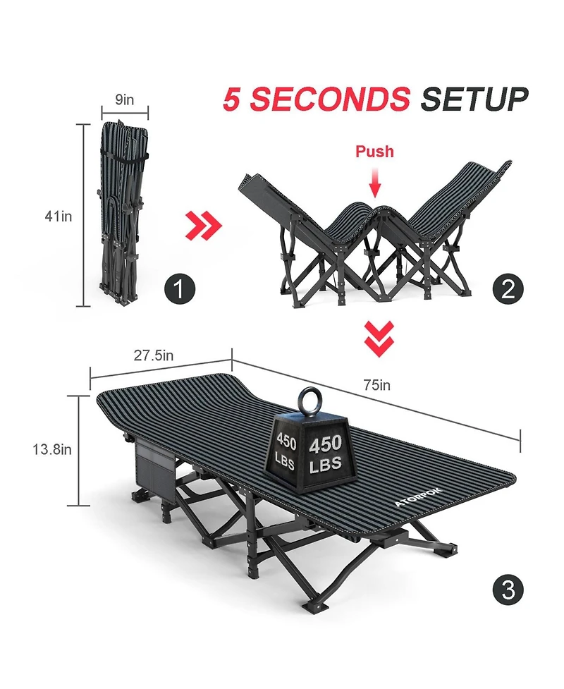 Gnuadz Camping Cot Folding Bed with Cushion Carry Bag 450Lbs Camping Outdoor Recreation Gear