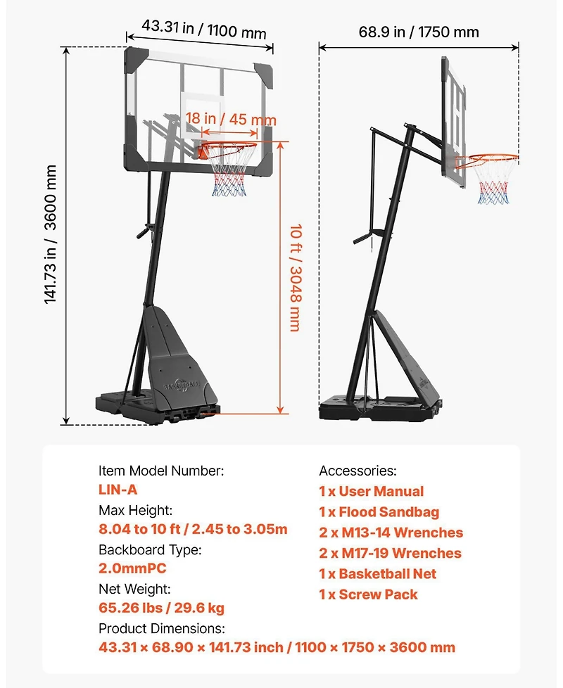 Mecale Portable Basketball Hoop, 8.04-10 ft Height Adjustable Stand with 44" Pc Backboard, Outdoor/Indoor Goal System