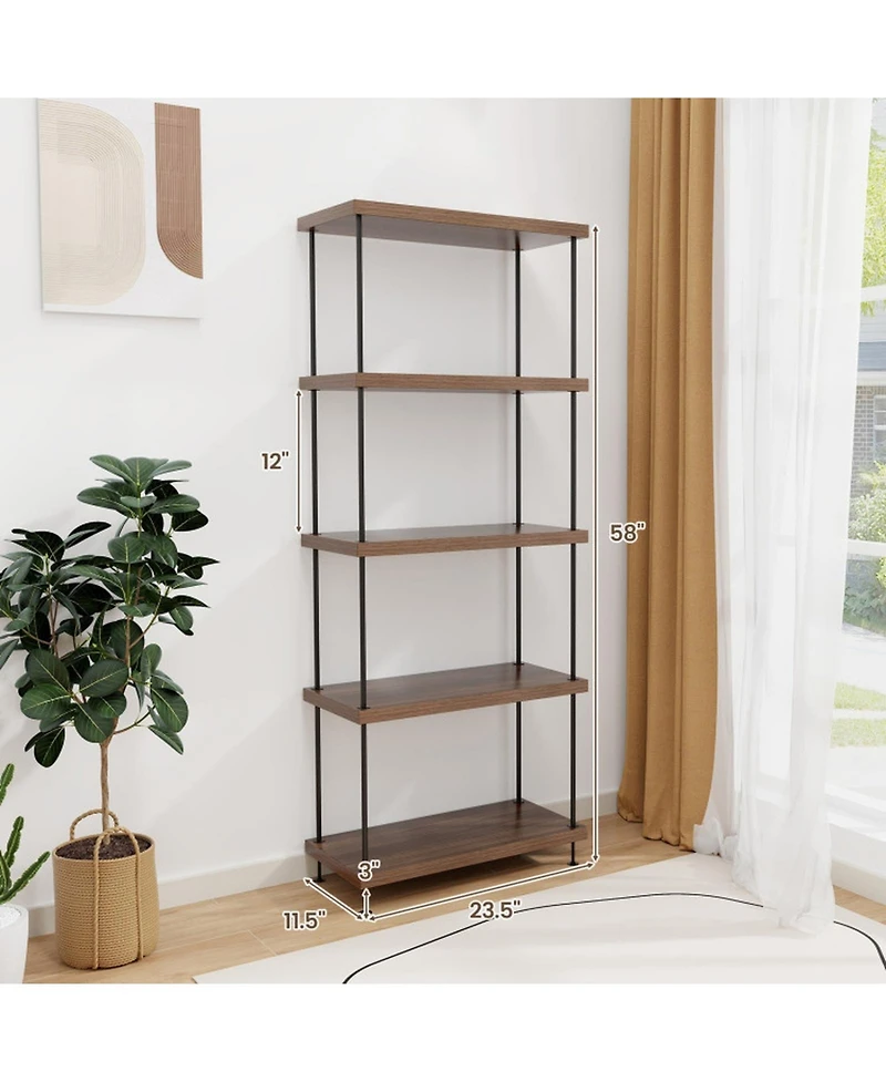Gouun Tall 5-Tier Bookshelf with Metal Frame and Adjustable Foot Pads