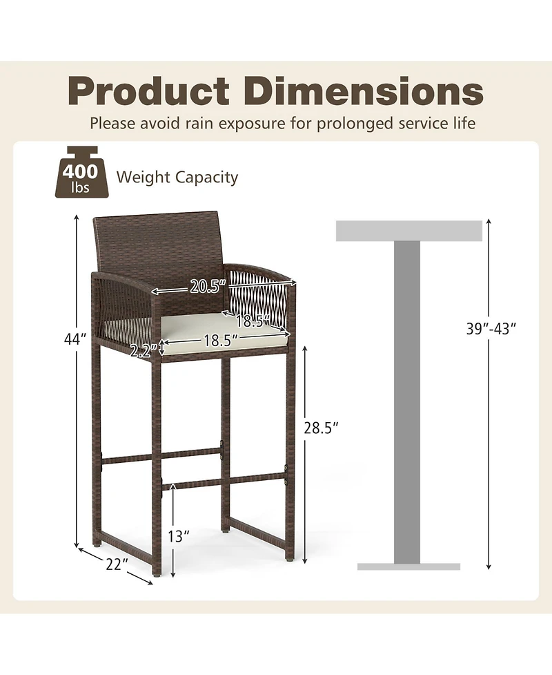 Gouun Outdoor Pe Wicker Bar Height Stools Set of 2 with Removable Cushions