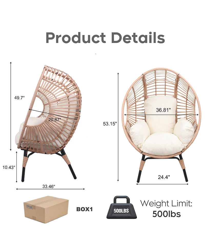 Rainsken Oversized Wicker Egg-Chair, Outdoor Indoor Pe Rattan Patio Swing with 8-Inch Cushion, 400 lb Capacity for Living Room, Balcony, Backyard