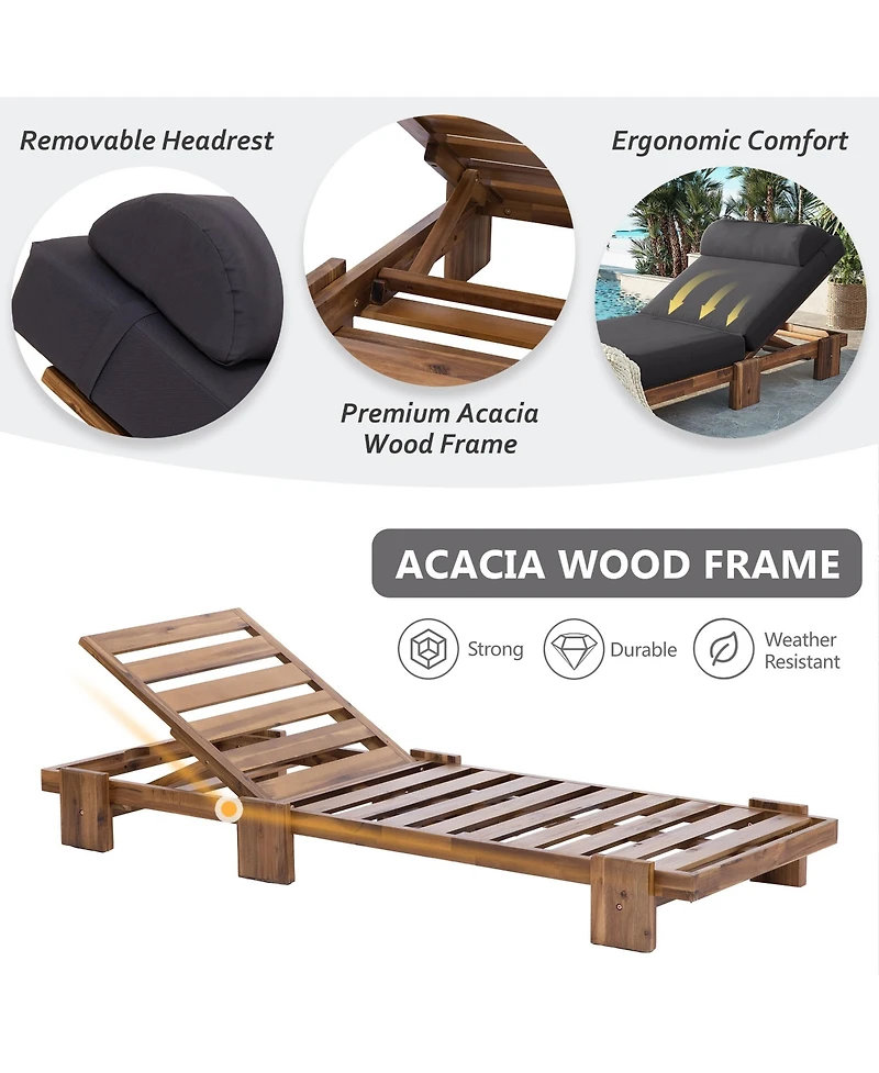 Rainsken 78.8'' Outdoor Chaise Lounge Chair, Acacia Wood Reclining Chair with Headrest, Retractable Side Tray and Adjustable Backrest for Beach