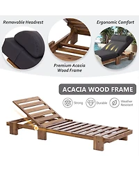 Rainsken 78.8'' Outdoor Chaise Lounge Chair, Acacia Wood Reclining Chair with Headrest, Retractable Side Tray and Adjustable Backrest for Beach