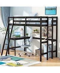 Costway Loft Bed w/ Desk & Shelf 2 Ladders Guard Rail for Kids Teens Bedroom
