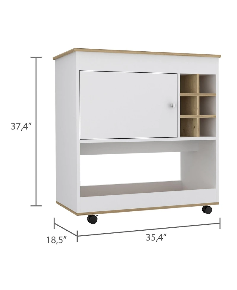 Flynama Light Oak and White 6-Bottle 1-Shelf Bar Cart with 1 Cabinet