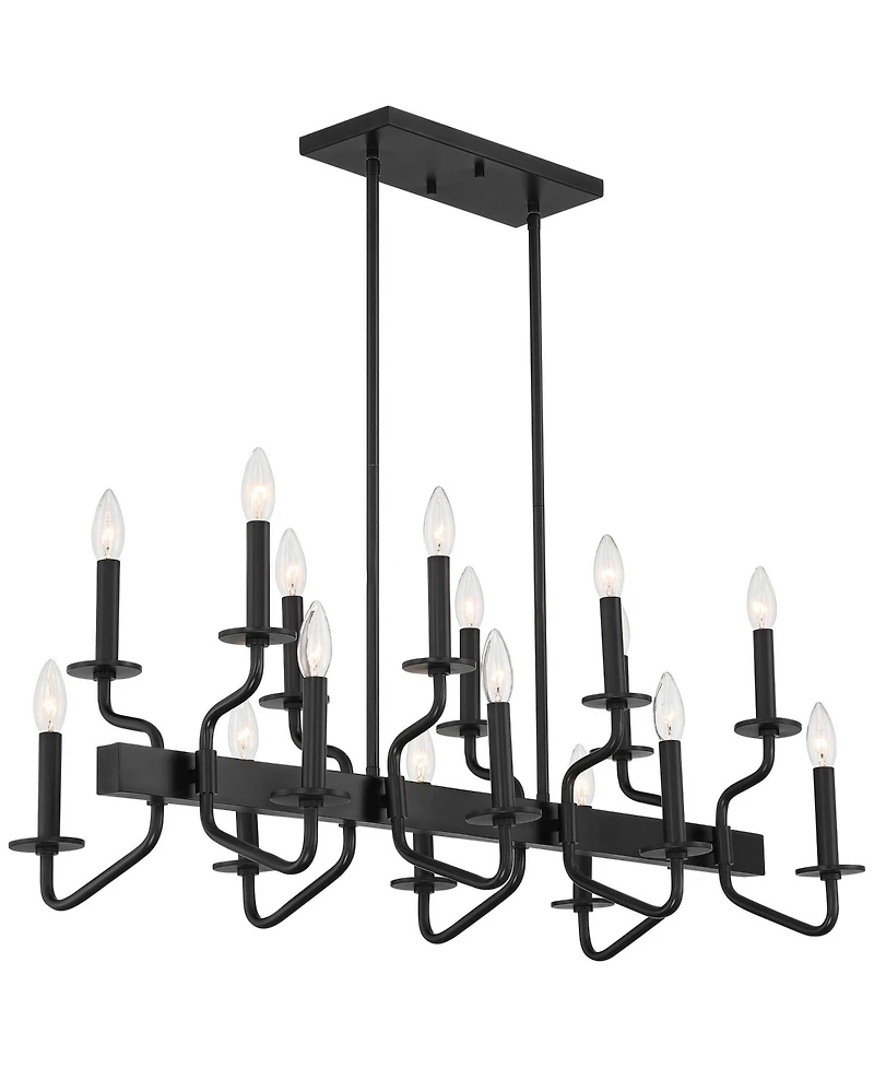 Franklin Iron Works Gloss Black Linear Pendant Chandelier Wide Modern 16-Light Fixture for Kitchen Island Dining Room Home
