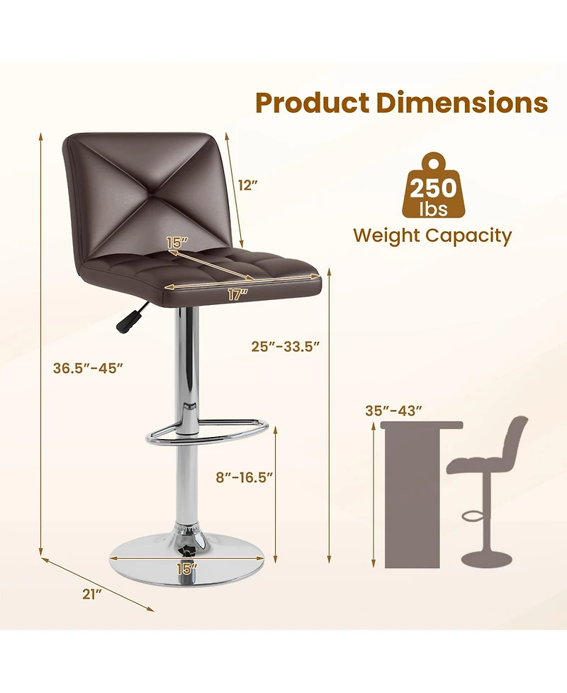 Sugift Pu Leather Upholstered Bar Stools Set of 2 with Back and Adjustable Height