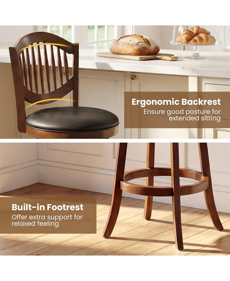 Sugift Swivel Bar Stools Set of 2 with Backrest and Wood Frame-30 Inches