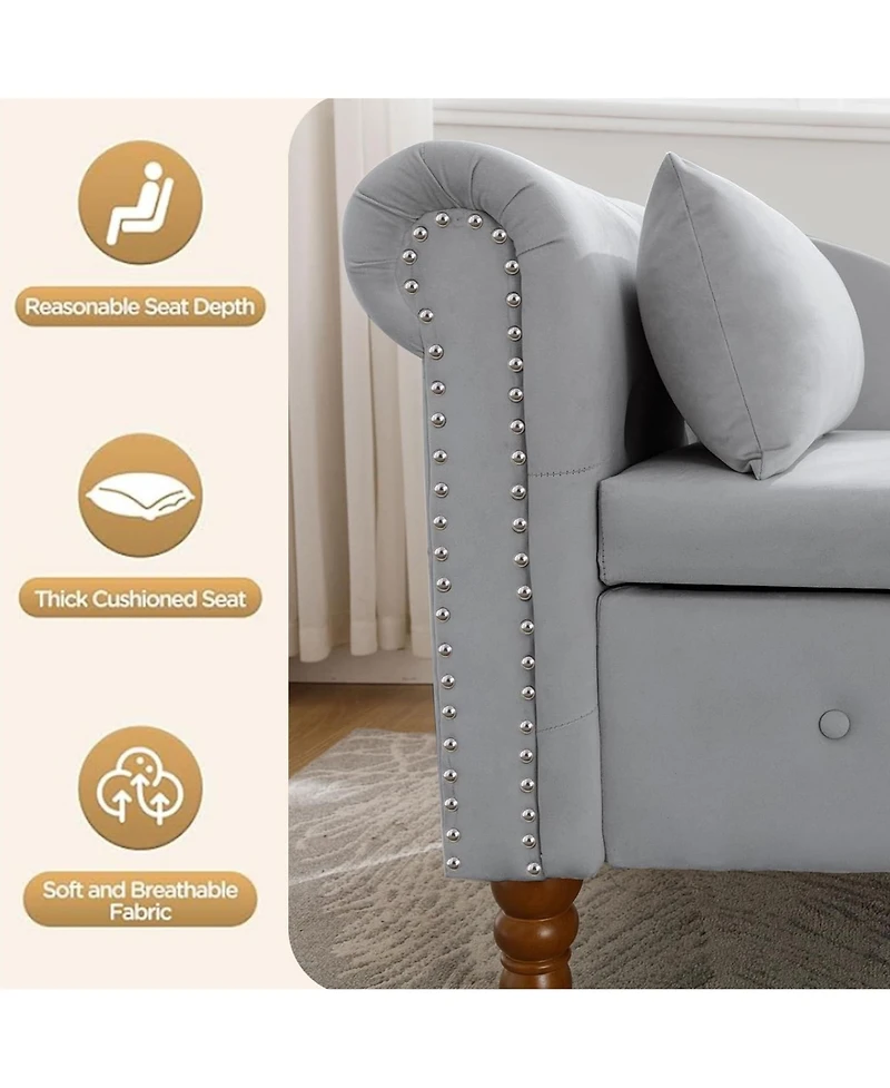 Rainsken Velvet Upholstered Chaise Lounge Chair, Modern Rolled Armrest Accent Chair with Hidden Storage, Nailhead Trim and Pillow for Living Room