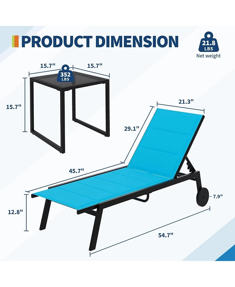 gaomon Outdoor Chaise Lounge Chairs with Wheels & Side Table Set of 3, 5-Position Adjustable Backrest Poolside