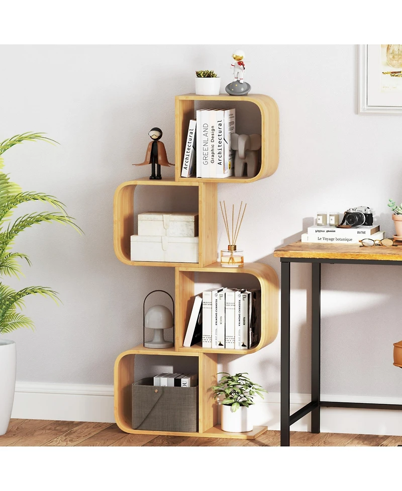 Sugift Four Tier S Shaped Bamboo Bookcase with Open Cubes