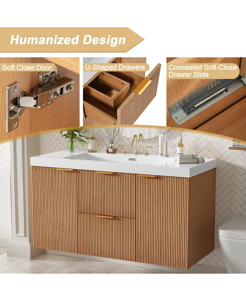 Sillysis Sink Bathroom Vanity Wall Mounted, Soft Close Drawers, Ample Storage, Smc Countertop and Wood Grain Mdf Cabinet