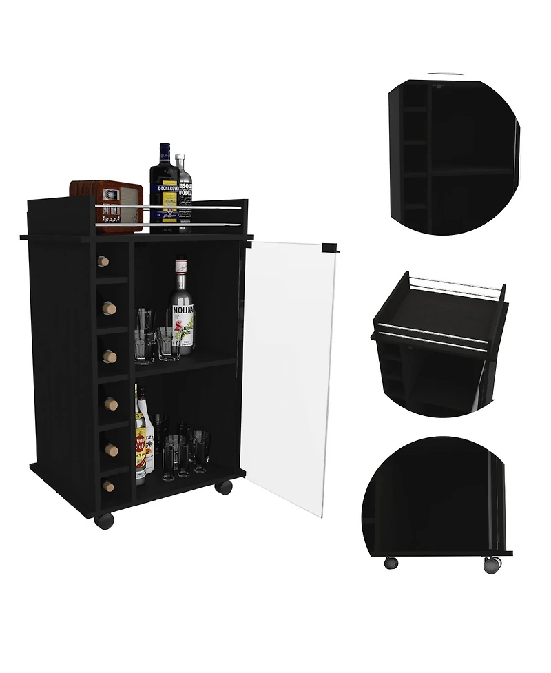 flynama Bar Cart with 2 Shelves, 6 Wine Racks and 4 Casters, Glass Door Home Bar Cart