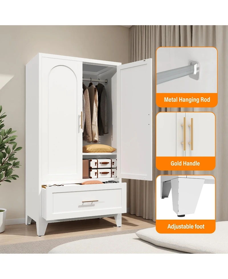 Rainsken 60 Inch Tall Farmhouse Armoire Wardrobe Closet, Clothing Storage Cabinet with 2 Doors, 1 Drawer and Hanging Rod for Bedroom