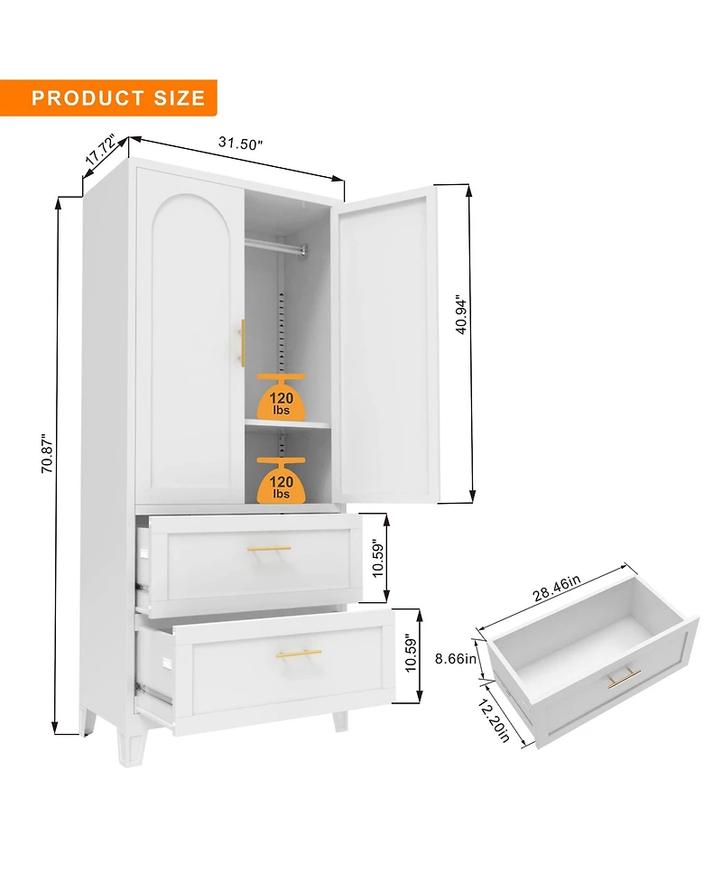 Rainsken Metal Wardrobe Cabinet, 71" Tall Armoire Wardrobe Closet with 2 Doors, 2 Drawers, Hanging Rod and Shelf, Storage Cabinet for Bedroom